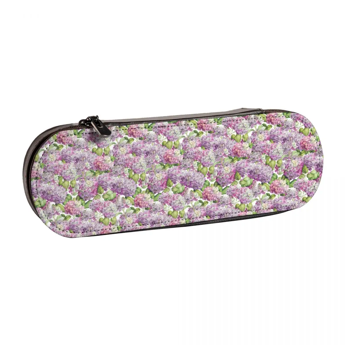 

Hydrangea Floral Pencil Case Pink Lavender Print Boy Girl College Leather Pencil Box Midium Capacity Retro Zip Pen Organizer