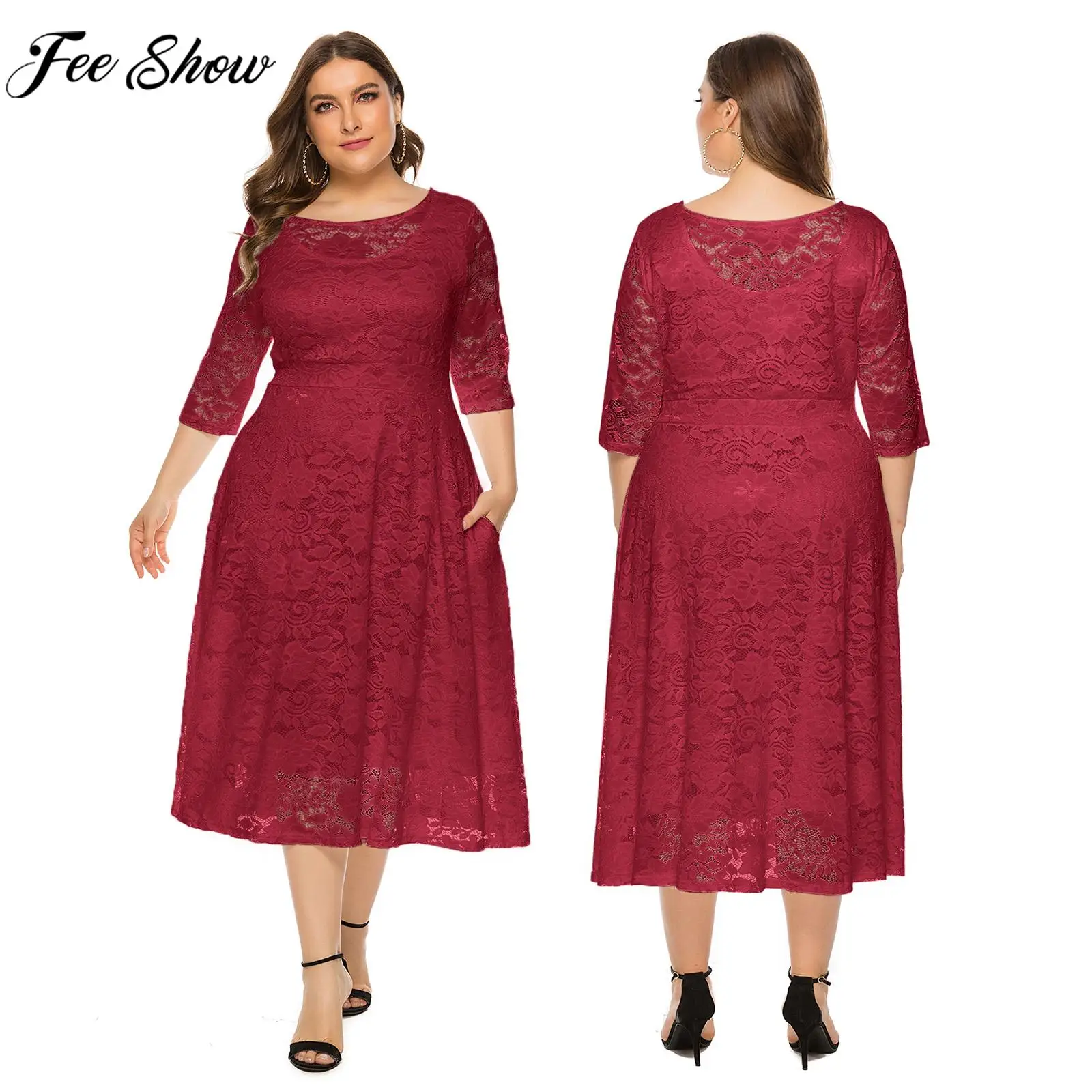 

Women Elegant Party Dress 3/4 Sleeve Plus Size A-Line Hollow Lace Formal gown Maternity Wedding Evening Prom Photography Dress
