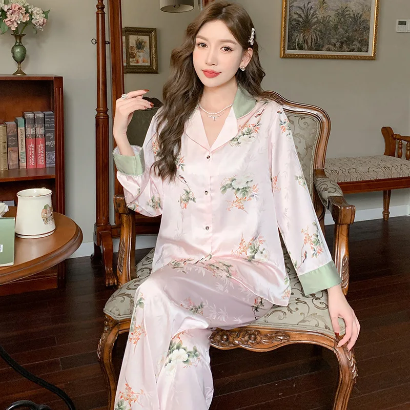Women's Jacquard Home Suit Color Matching Flower Imitation Silk Pajamas Women's Fashion Can Wear Comfortable Pjamas Externally