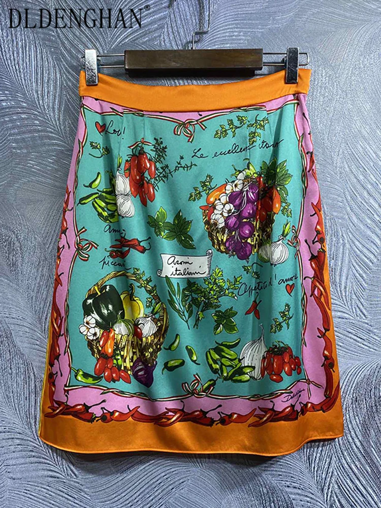 DLDENGHAN Women Silk Skirts Fruit Lemon Print High Waist Mini Skirts Fashion Designer Summer New