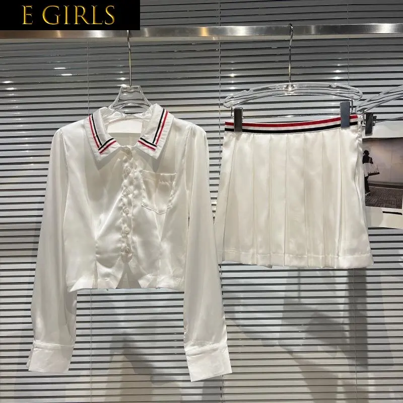 J GIRLS 2022 Autumn Autumn Long Sleeve Turn Down Collar Silk Shirt Short Pleated Skirt White Two Piece Set Women Outfits GG221