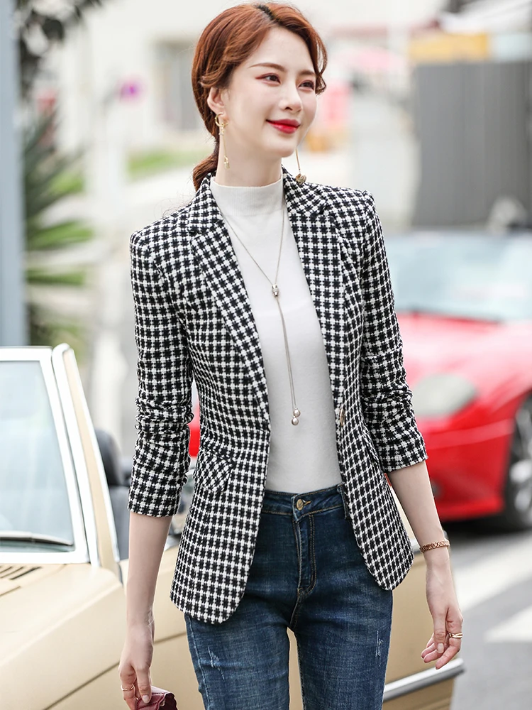 Women Fashion Casual Blazer Yellow Black Plaid Female Long Sleeve Vintage Single Button Jackets Coat Outwear