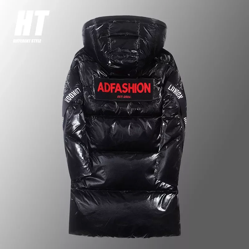 2022NEW Men's Glossy Down Jacket Fashion Hooded Mid-length Puffer Coat Thick Warm White Duck Down Detachable Hat  Windproof