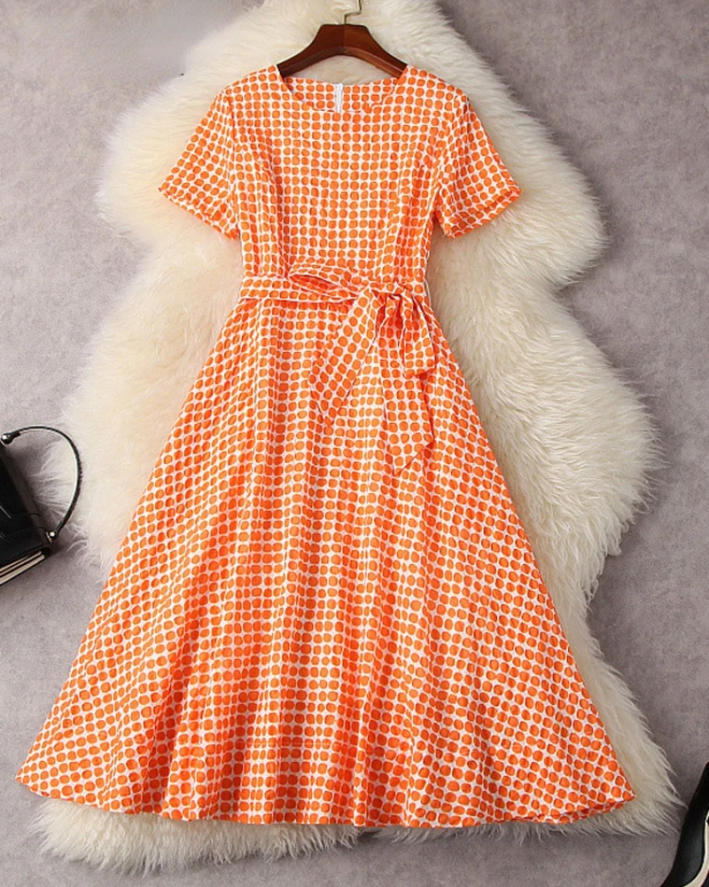 

Women French Style Short Sleeve Casual Midi Aline Fashion Designer Summer Lace Up Polka Dot Print 100% Cotton Dress Vestido