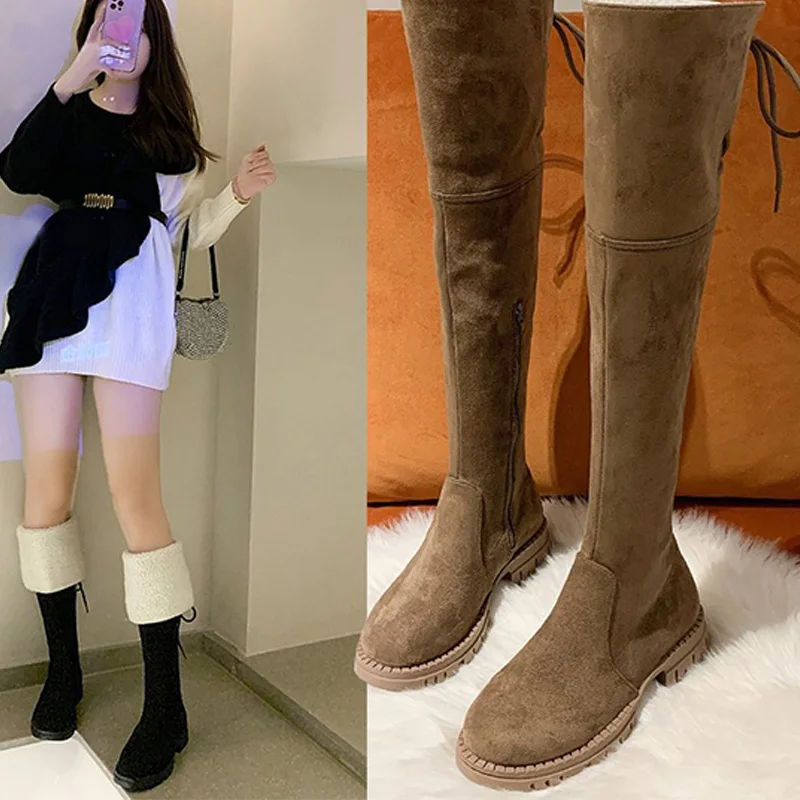 

Luxury Thin leg over-the-knee chelsea botas woman zip thick heels stretch botte turned-over edge wool fur winter boots women2023