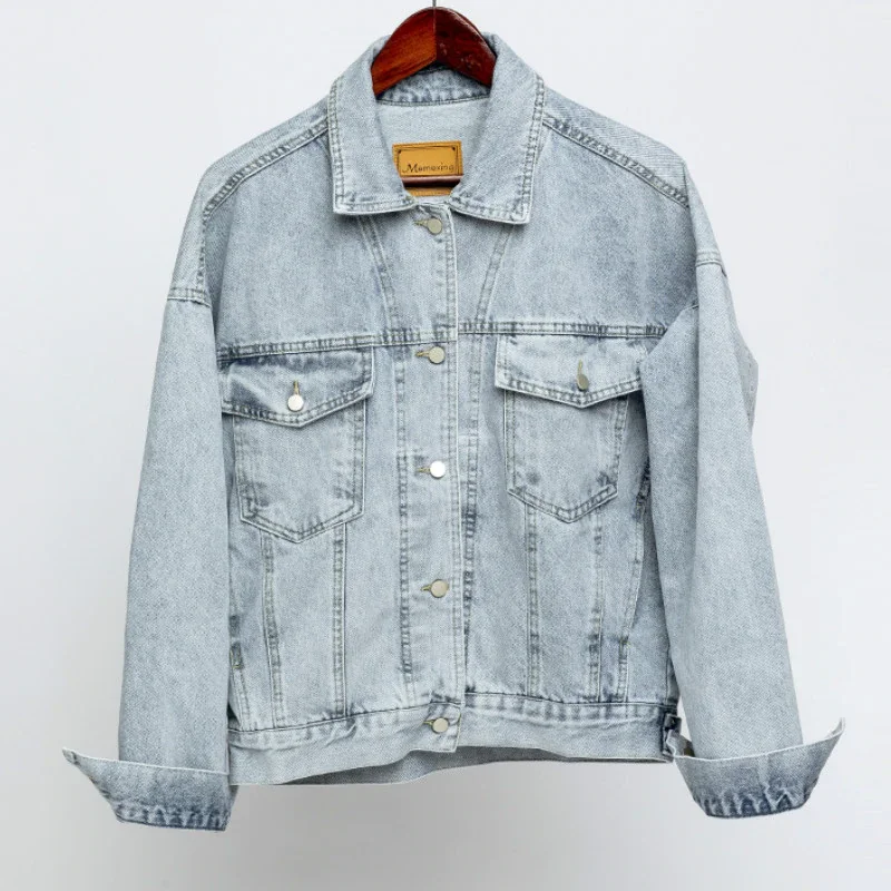

Vintage Women Jacket 2021 Autumn Winter Oversize Denim Jackets Washed Blue Jeans Coat Turn-down Collar Outwear Bomber Jacket