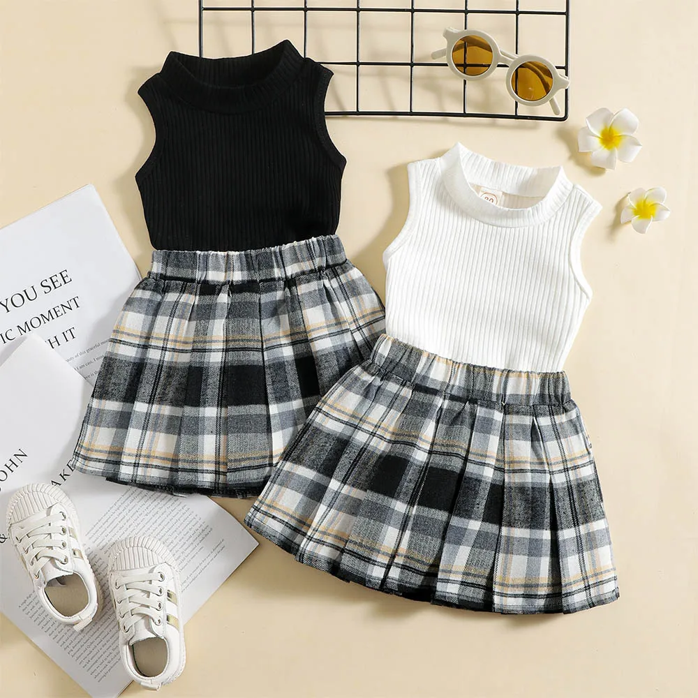 

Menoea Kids Girls Clothes Sets Summer Solid Color Vest and Plaid Skirts Suits Outfits Children's Clothing Suits Toddler Costumes