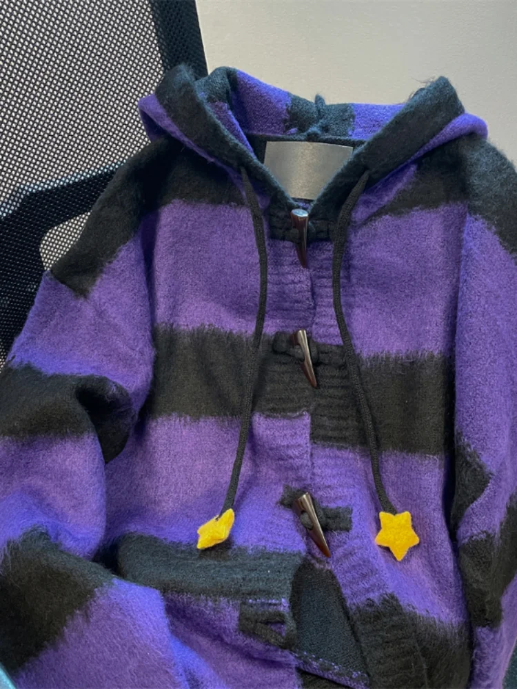 Женский винтажный Кардиган со звездами Y2k полосатый мохеровый свитер с капюшоном