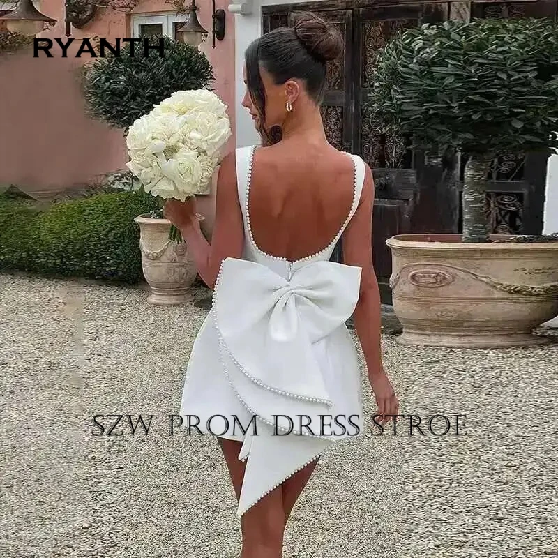 Фото Индивидуальное короткое платье RYANTH без рукавов с жемчугом и большим бантом, А-силуэт, с открытой спиной, мини-платье для выпускного вечера/коктейльной вечеринки №3