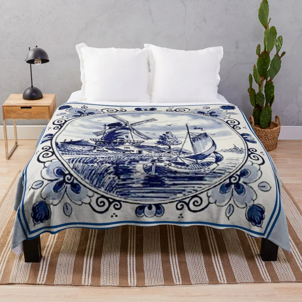 

DUTCH BLUE DELFT: Vintage Windmill Print Throw Blanket Luxury Blanket