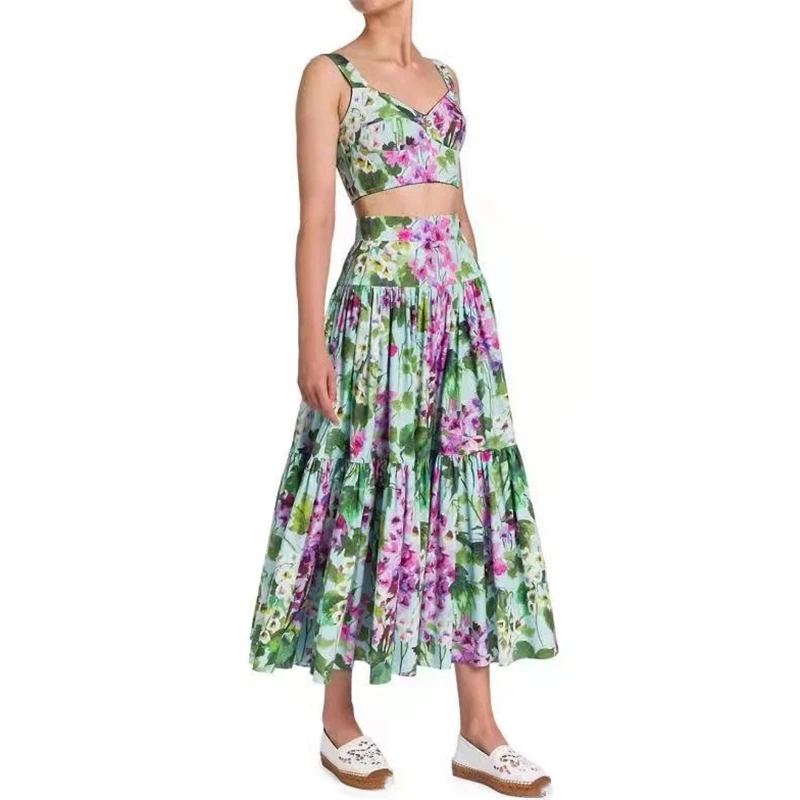 

2022 spring and summer new embroidered suspenders long skirt suit women's cotton fashion elegant high waist pleated skirt bing