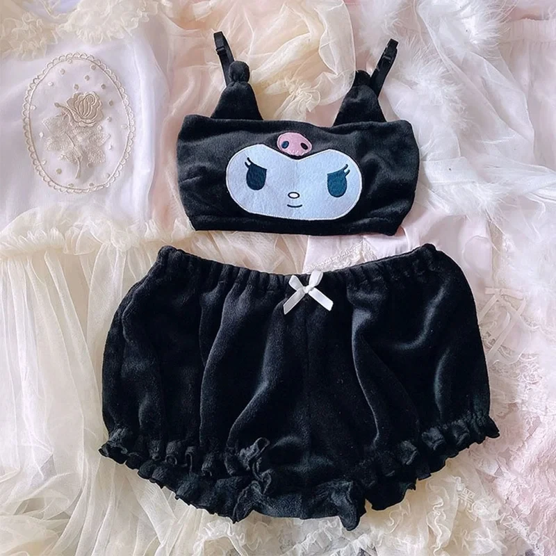 

sanrio kawaii cartoon autumn winter mymelody kuromi cinnamon flannel pajamas underwear bra little devil sexy home clothes