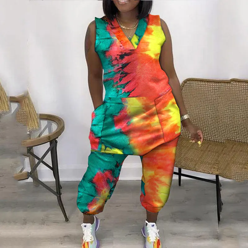 Loose Oversize V-Neck Female Jumpsuit 2022 New Casual Pocket Design Sleeveless Jumper Womens Jumpsuit Overallswear