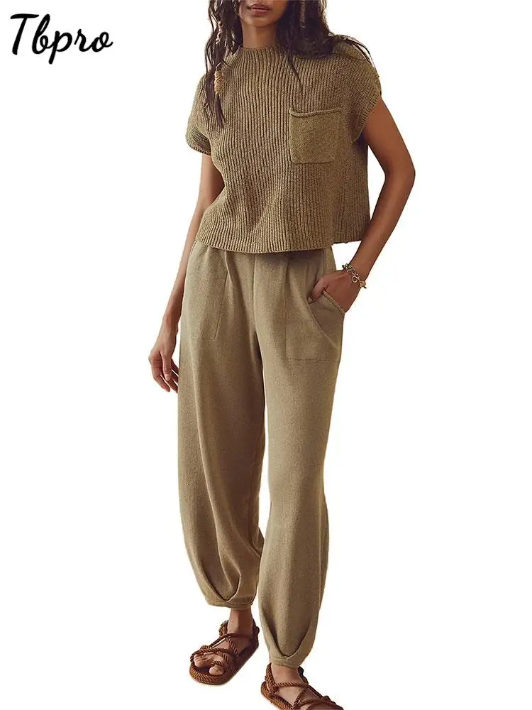 

Женский трикотажный брючный костюм, свободный свитер с круглым вырезом и короткими рукавами, Брюки с карманами, осень 2023