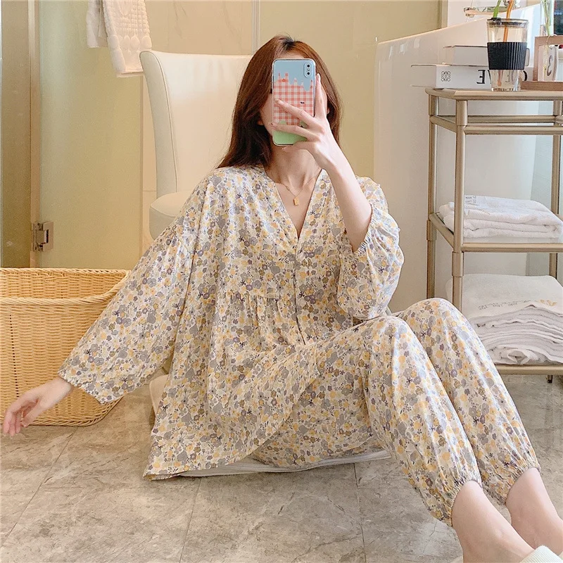 New Style Small Fragrant Wind Cardigan Pajamas Women Thin Section Home Service Cotton Silk Suit Large Size