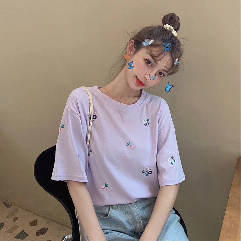

100% cotton Short sleeve T-shirt embroidery Pure cotton Women clothing