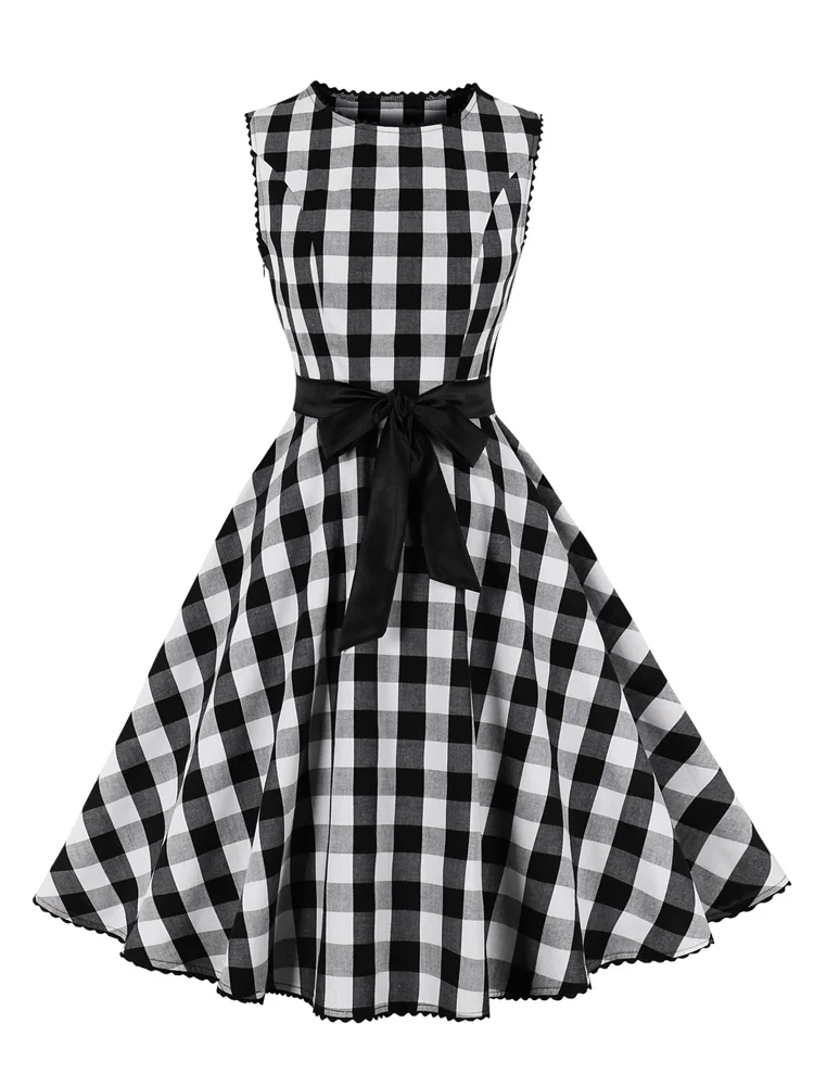 

Женское винтажное платье без рукавов, черно-белое клетчатое платье в мелкую клетку, с круглым вырезом, а-силуэт, без рукавов, на лето