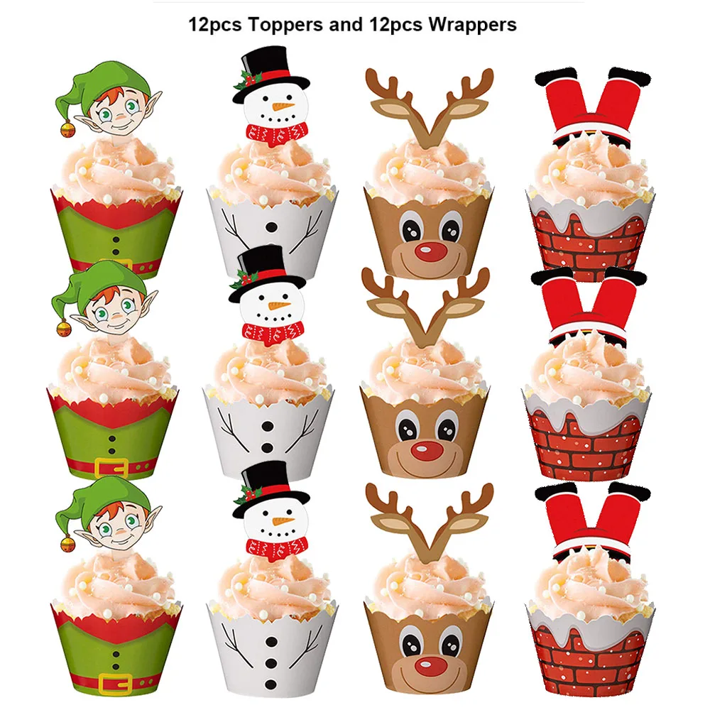 

12Pcs Christmas Party Decorations Christmas Cupcake Toppers Wrappers Santa Claus Snowman Reindeer Elf Xmas Cake Decor Supplies