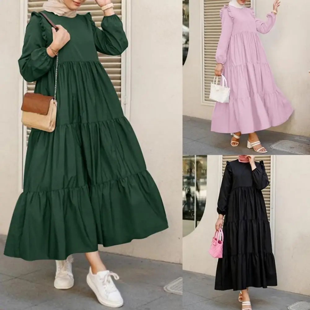 

2022 Muslim New Flounces sleeves pleated hem Solid color round collar long Women's Dress With full swing women dress