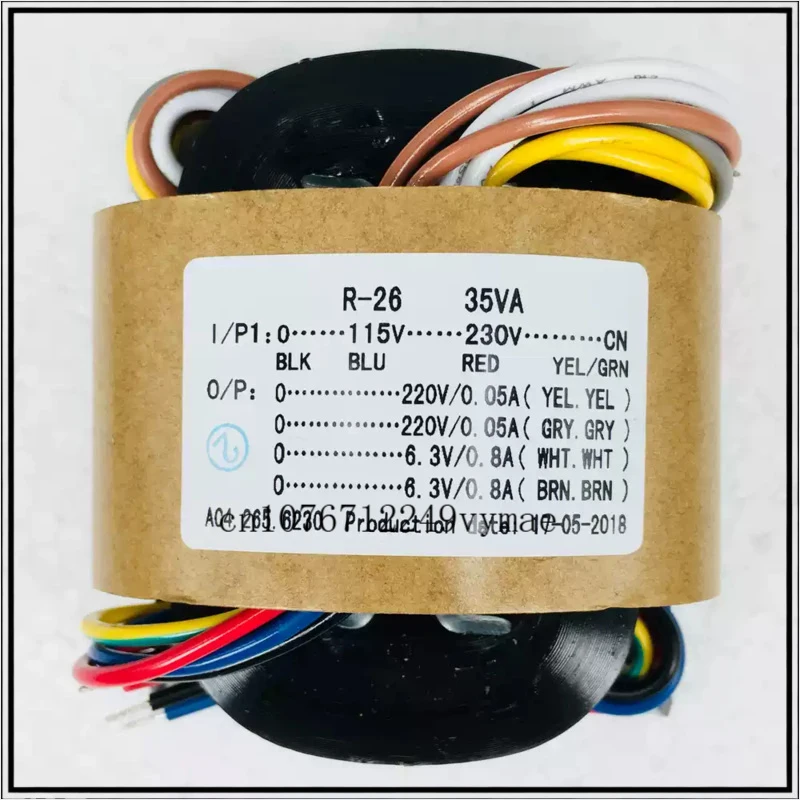 Фото Трансформатор R-Core 35 Вт, двойное входное напряжение 220 В, двойное выходное напряжение 6,3 В, вход 115-230 В, для ламповых усилителей №1
