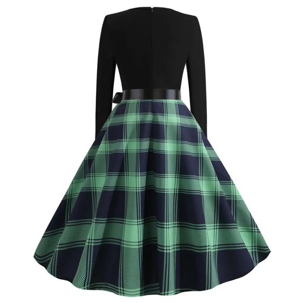 

Soft Dress Vintage Plaid Print Dresses with Gothic Flair A-line Silhouette V-neckline Bow Detail for Christmas Party Performance