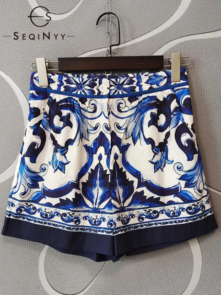

SEQINYY Sicily Shorts Summer Spring New Fashion Design Women Runway High Quality 100% Cotton Blue Flowers Print Pockets