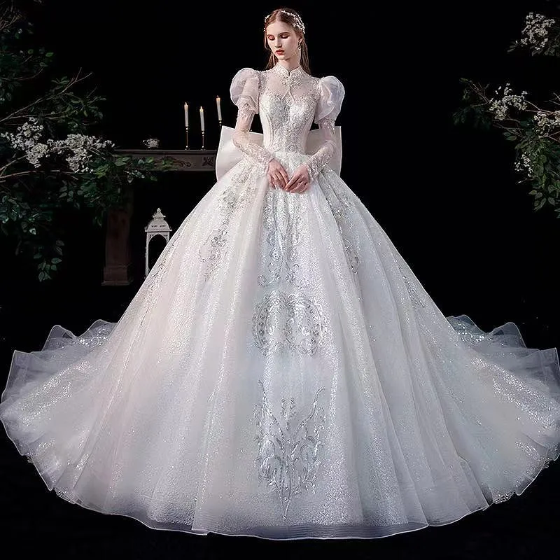 Palace White Wedding Dresses Long- Puff Sleeves High Neck Lace Applique Crystal Beading Shiny Big Bow Saudi Bridal Gowns Vintage