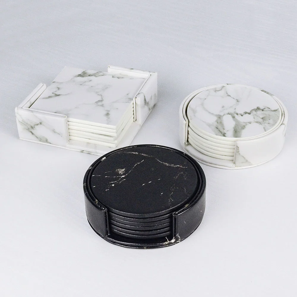 

Marble Coaster Sets Drink Coffee Cup Table Mat PU Leather Tea Pad Black Dining Table Placemats Table Chic Decoration 6PCS