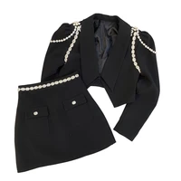 lapel solid shoulder drill chain suit coat hip wrap skirt dark suit summer 2022 2 piece set women