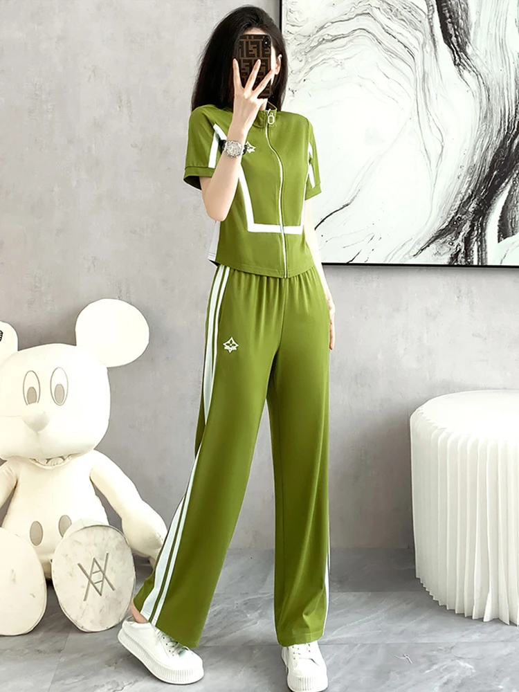 

M GIRLS Casual Tracksuit Pants 2 Piece Sets Women 2023 Summer Joker Short Sleeved Zipper Tops+Straight Wide Leg Trousers Oversiz