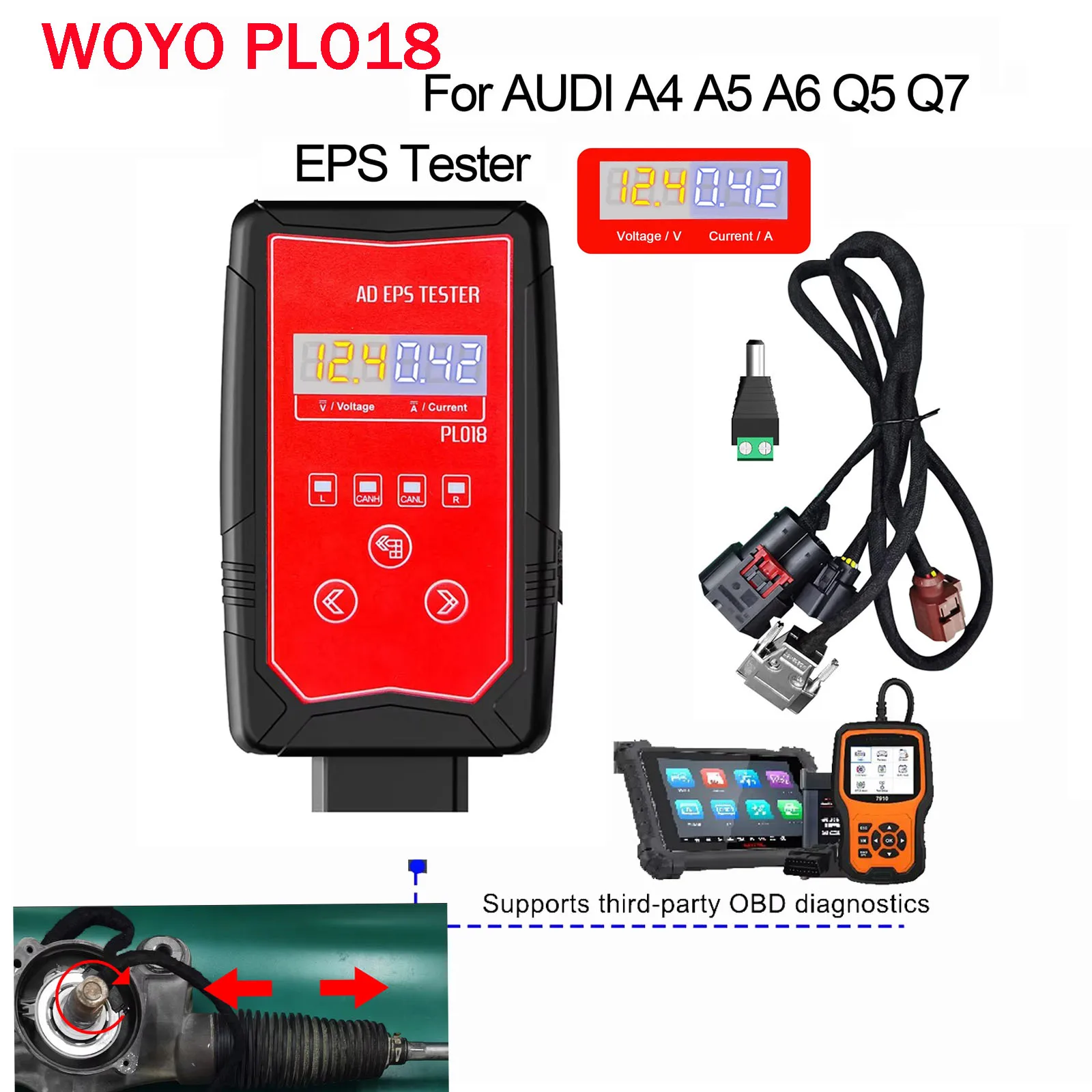Фото Диагностический инструмент WOYO PL018 для тестирования EPS, симулятор EPS для Audi A4 A5 A6 Q5 Q7, диагностический прибор для электродвигателя усилителя рулевого управления №1