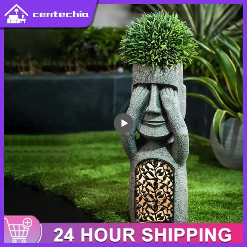 

No See/Hear/Speak Evil Easter Island Statue Flower Pot Planter Bird Feeder Resin With LED Light Sculpture Home Garden Decor Tool