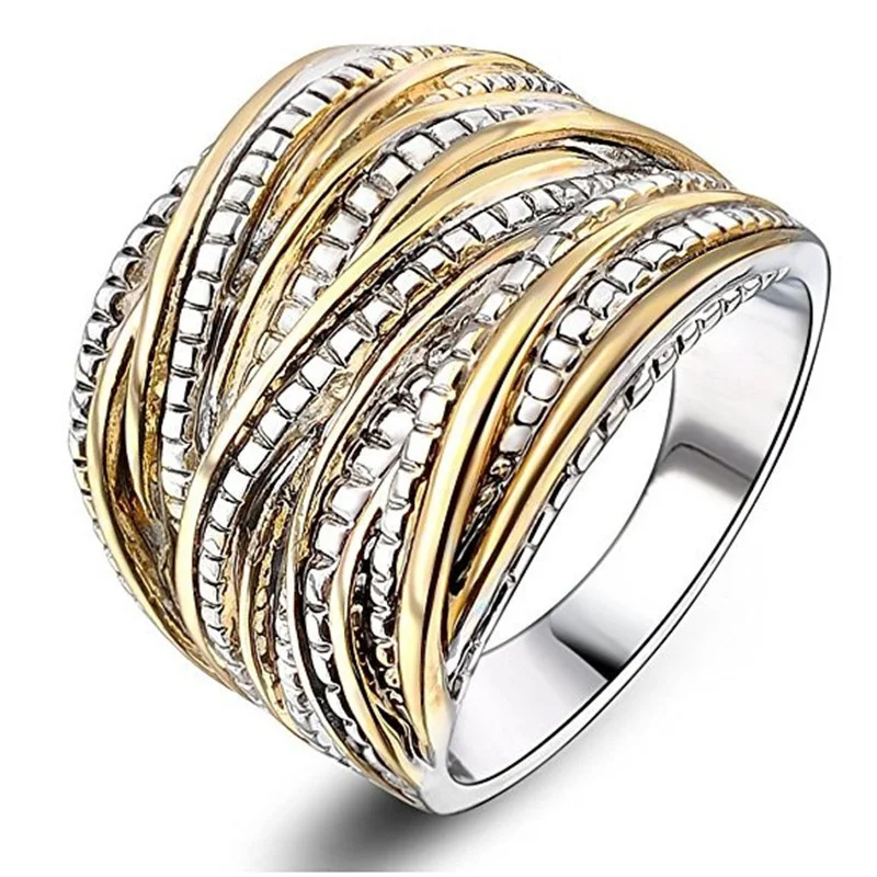 

Hot Sale Micro Inlaid Zircon Winding Multilayer Gold Color Geometric Irregular Two-tone Ring for Women Party Jewelry Accessories