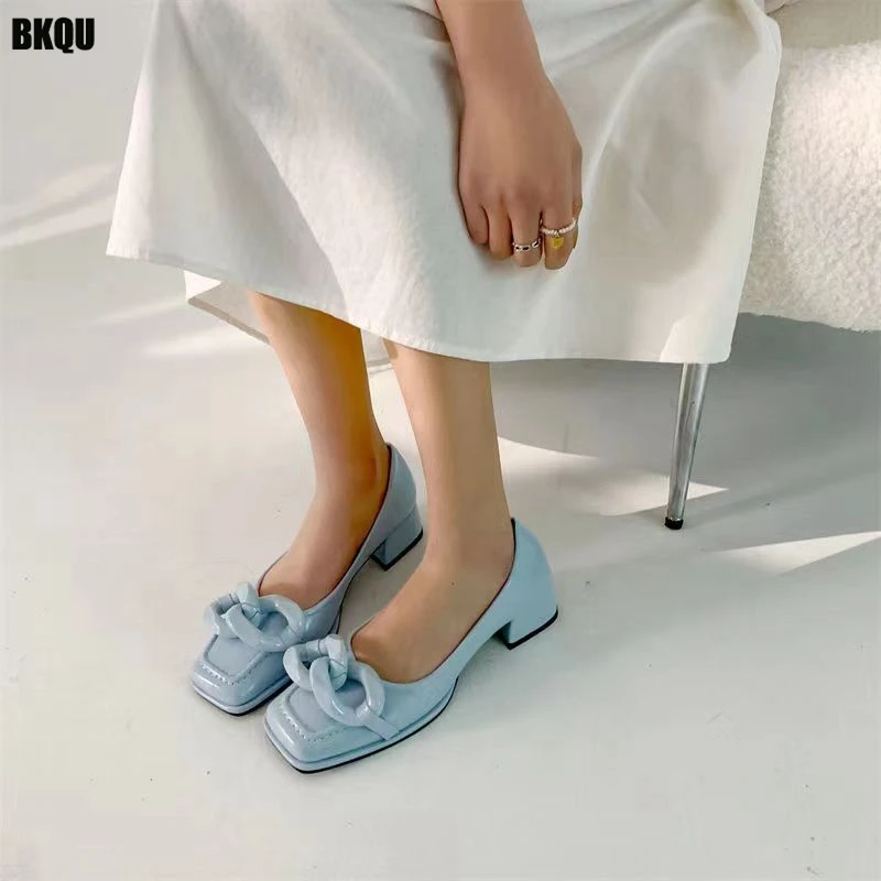

2022 Summer Female Square Toe Mid Heels Women Elegant Solid Single Shoes Woman Chain Dress Pumps Ladies Fashion Party Footwear
