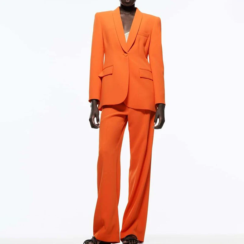 

2022 Spring Women Versatile Long Sleeve Single Button Solid Color Blazer High Waist Draped Flared Pants Two Piece Suit CD8501