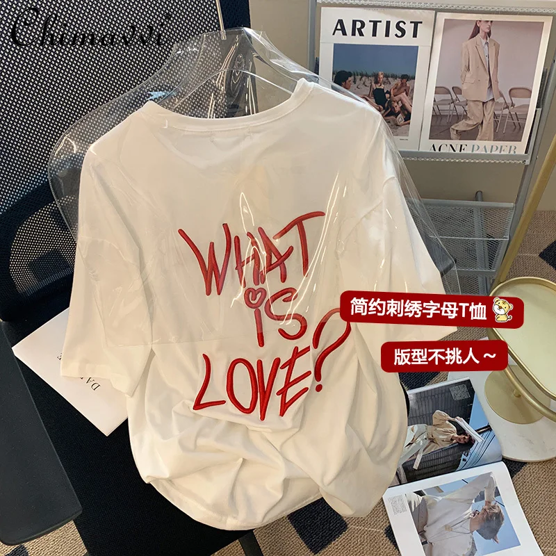 

White Graffiti Printing Short-Sleeved T-shirt for Women 2022 Summer Clothes New Fashion Loose Design Casual Letter Feminine Tops