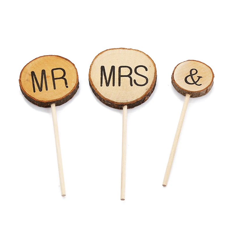 

3P Mr&Mrs Premium Wedding Cake Toppers Mr And Mrs Natural Wood Chic Rustic Party Sweetheart Birthday Valentine's Day Decoration