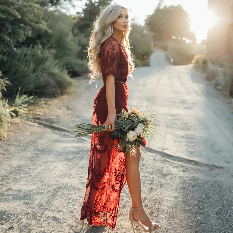 

Boho Inspired gypsy embroidery LACE MAXI DRESS Plunge Neck slit side tunic summer dress 2022 new sexy beach dress clothes female