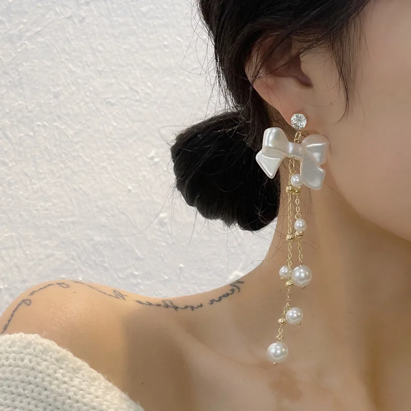 

Long Tassel Bowknot Pearl Earrings White Sweet Fashion Earrings Jwellery Women