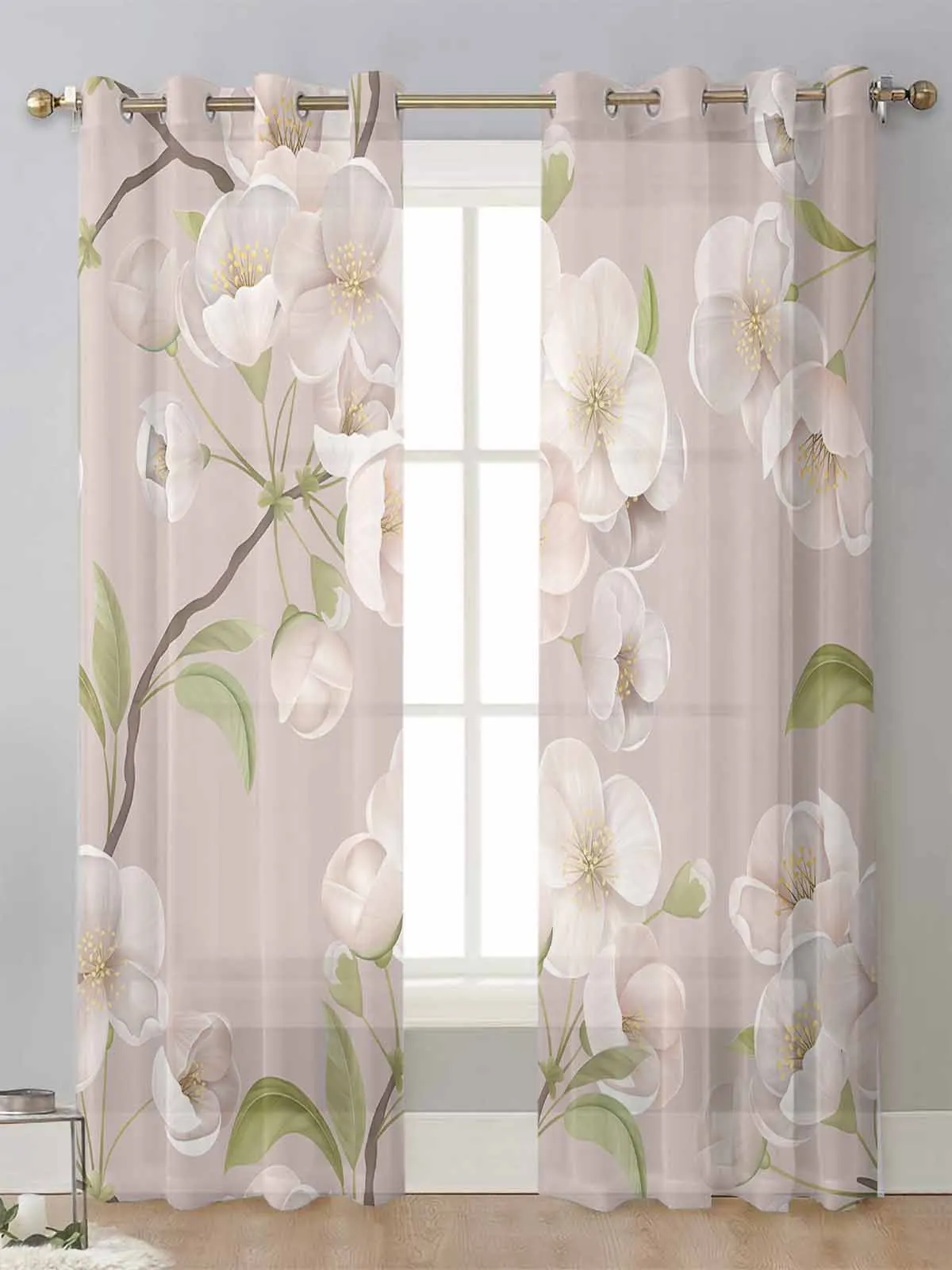 

Spring Brown Flower Peach Blossom Sheer Curtains For Living Room Window Voile Tulle Curtain Cortinas Drapes Home Decor