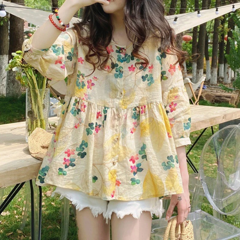 

Beautiful Women Summer Blouses Floral Shirt Medium Sleeve O Collar Casual Tops
