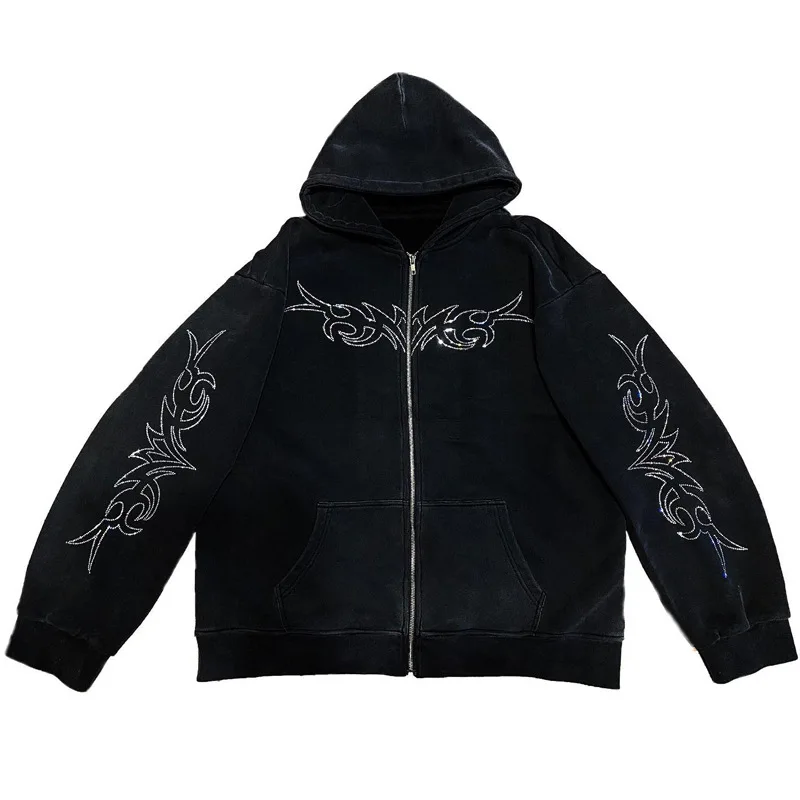 

Men Hoodies Sweatshirts Diamond Print Jacket Coat Zip Cardigan Y2K Clothing Brand Hip Hop Streetwear Waffle Material