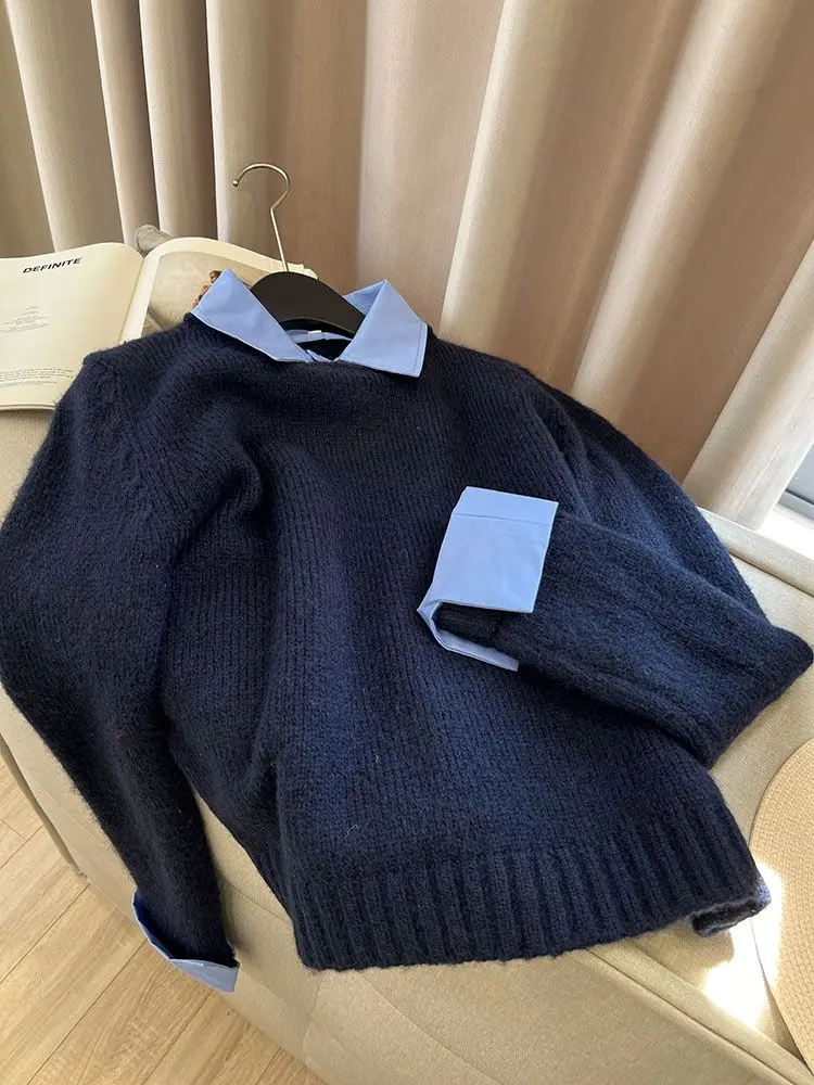 Moyi Yixiu вязаный свитер осенняя рубашка из двух предметов новый стиль контрастный