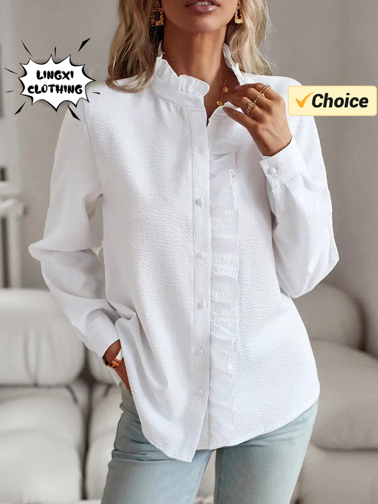 Женская Приталенная Полосатая Рубашка С Оборками Офисный Профессиональный Топ