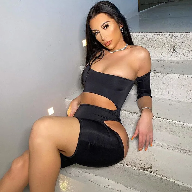 

Sexy Women Jumpsuit Playsuit Solid Hollow Out Off Shoulder Single Strap Sleeve Bodysuit Bodycon Slim Rompers Clubwear