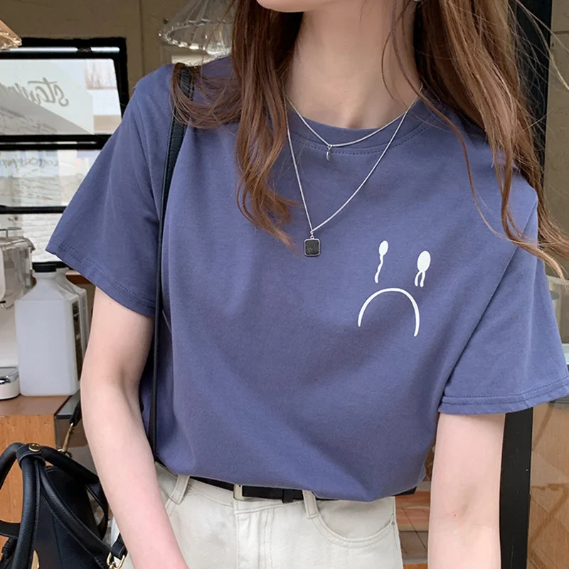 

#1696 Cotton Tshirts In Femme Summer Printed Short-sleeve O-neck T Shirts Ladies Casual Loose Tops Women Blue Red Black White