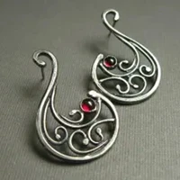 retro ethnic swan shaped red stone earrings vintage jewelry antique metal carved pattern hollowe dangle earrings accessories