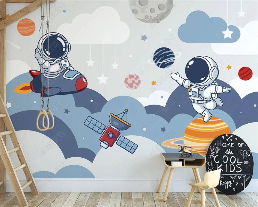 

beibehang papier peint Customized modern Nordic hand-painted rocket space planet astronaut children's room background wallpaper