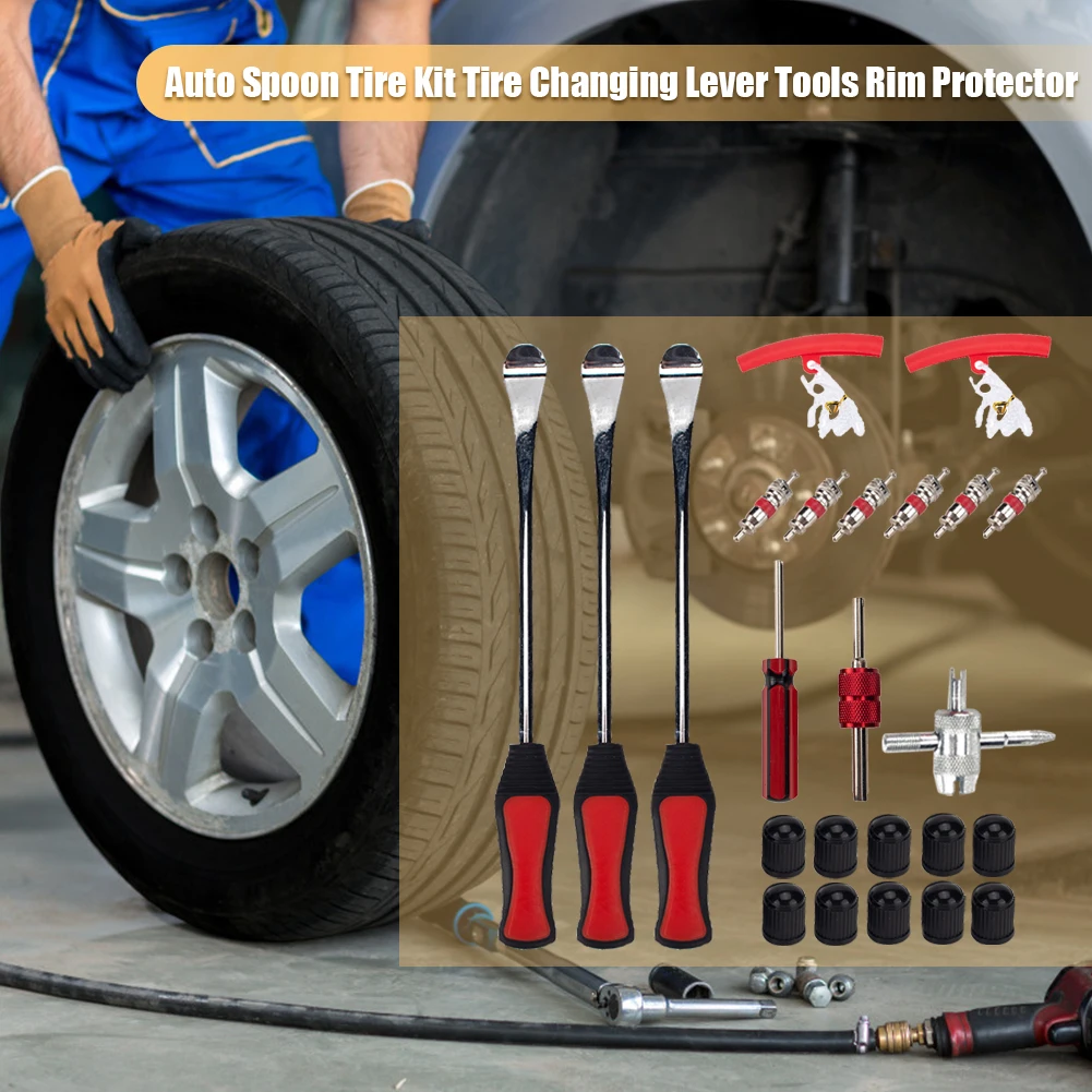 

Small Car Tire Spoons Red Rim Protectors Valve Caps Cores Repair Tools Kit for Outdoor Personal Motorcycle Ornaments