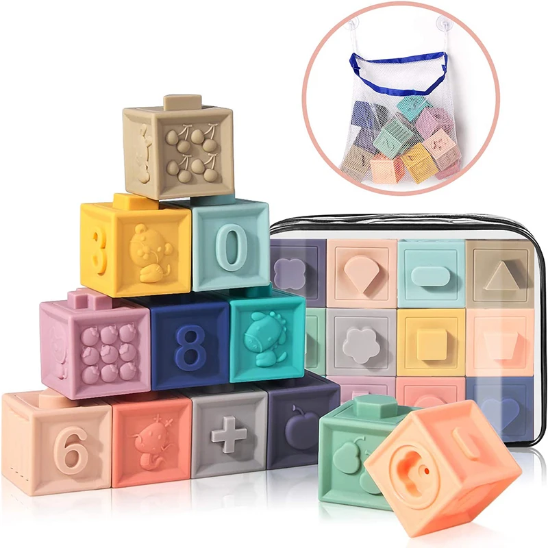 Montessori Baby Building Blocks Toy for Toddler 0 12 Month Silicone Cube Block Grasp Toy Soft Ball Children Rubber Bath Toy Game